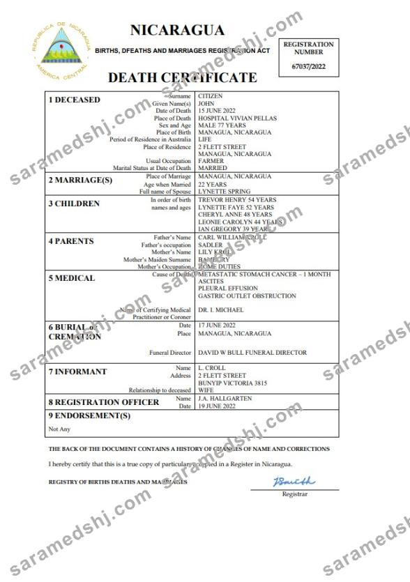 Nicaragua vital record death certificate Word and PDF template